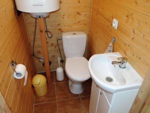 une petite salle de bain avec toilettes et lavabo dans l'établissement Holiday Home in Miedzyzdroje near Baltic Sea, à Międzyzdroje 11 autres photos