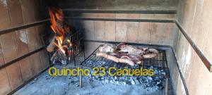 Una parrilla al aire libre con carne y fuego en ella en Quincho 23 Cañuelas, en Cañuelas