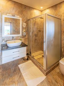 een badkamer met een douche en een wastafel bij Maison D'Aaryan in Anse aux Pins