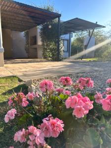 un ramo de flores rosas delante de un edificio en Villa Bonita Cabañas en Merlo