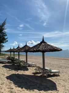 a row of straw umbrellas and lounge chairs on a beach at Full Moon Village Resort in Mui Ne