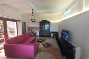 ein Wohnzimmer mit einem rosa Sofa und einem TV in der Unterkunft Villa Sajodo [Hilltop Get Away w/ Valley View] in Bandung