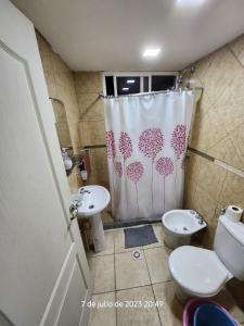 a bathroom with a toilet and a shower curtain at Departamentos las chacras in Juana Koslay 