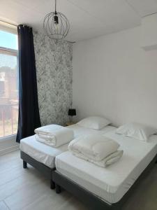 Un dormitorio con una cama con almohadas blancas y una ventana en Martin Appartement Cambrai avec cour, en Cambrai