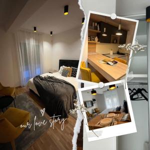eine Collage mit Fotos von einem Schlafzimmer und einem Wohnzimmer in der Unterkunft Magija in Vrnjačka Banja