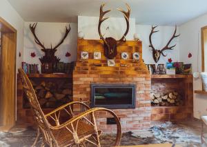 a living room with a fireplace with antlers on the wall at Gajówka na Roztoczu in Lubycza Królewska