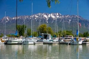 a bunch of boats docked in a marina with a mountain at Exotic Basement apartment, fully furnished in Provo