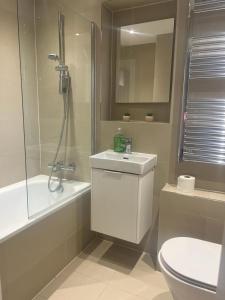 a bathroom with a sink and a toilet and a shower at New modern 1 bedroom duplex apartment Hemel Hempstead High Street in Hemel Hempstead