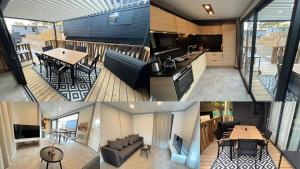 a collage of photos of a kitchen and a house at Cottage Jullouville 56 m² tout confort, 6 personnes, 3 chambres, 2 Salles d'eau in Jullouville-les-Pins