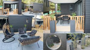a collage of photos of a backyard with a house at Cottage Jullouville 56 m² tout confort, 6 personnes, 3 chambres, 2 Salles d'eau in Jullouville-les-Pins