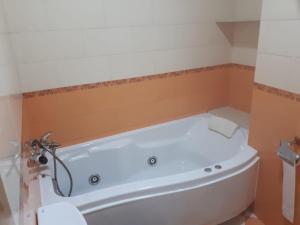 El baño incluye bañera blanca y aseo. en Apartamento los rosales, en Letur
