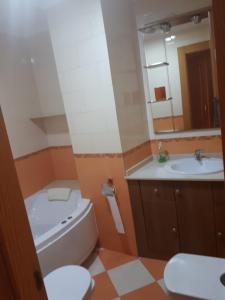 a bathroom with a toilet and a sink and a mirror at Apartamento los rosales in Letur