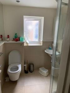 a small bathroom with a toilet and a window at London SW Home in London