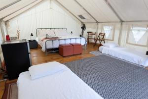 een kamer met drie bedden in een tent bij Farmstay Getaway 