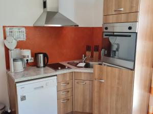 a small kitchen with wooden cabinets and a sink at Holiday flat Aschau in Aschau