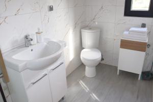 a white bathroom with a toilet and a sink at Nowy Domek Pod Czereśniami in Wisełka