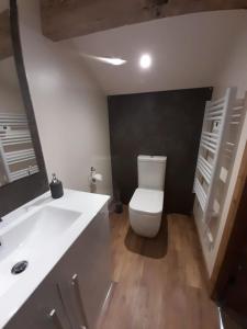 a bathroom with a white toilet and a black wall at south view farm cottage in Bradford