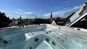 eine Badewanne mit Stadtblick in der Unterkunft Historical Luxury Homes - Exclusive Selection in Freiburg im Breisgau