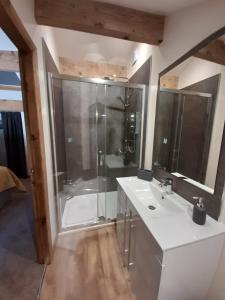 a bathroom with a shower and a white sink at south view farm cottage in Bradford