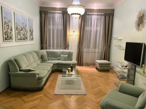 a living room with a couch and a tv at Sadova luxury apartment in Karlovy Vary
