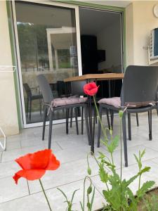un patio con tavolo, sedie e fiori rossi di Résidence Arborea C3 Corte a Corte