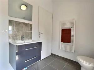 La salle de bains blanche est pourvue d'un lavabo et de toilettes. dans l'établissement Le Jacquemart, à Romans-sur-Isère