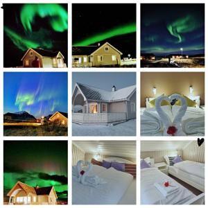 a collage of different pictures of the northern lights at BanPim Beachside Lofoten in Ramberg