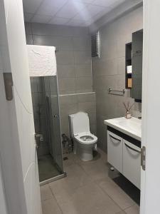 a bathroom with a shower and a toilet and a sink at MAYA APARTMANI in Kusadası