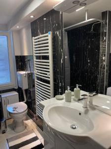 ein Badezimmer mit einem weißen Waschbecken und einem WC in der Unterkunft Ferienwohnung Elvira in Bad Wildungen
