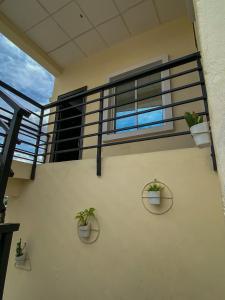 un balcone con 2 piante in vaso su un muro di Dabb Apartments a Ilorin