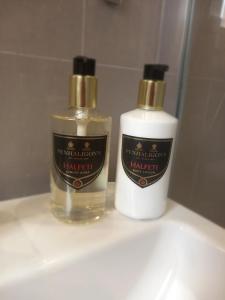 due bottiglie di prodotti da bagno poggiate sopra un lavandino di Stylish Serviced Apartment in Reading a Reading