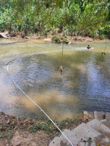 a rope swing in a river with a person in the water at NUR RAMADHAN CAMPSITE in Tanjung Malim