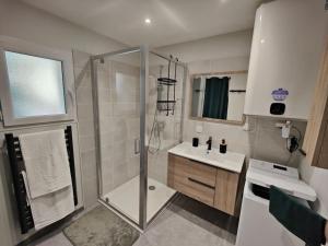 uma casa de banho com um chuveiro e um lavatório. em Appartement moderne en rez de jardin - La Cascade 
