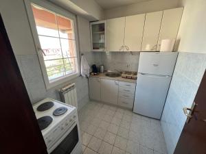 eine Küche mit einem weißen Kühlschrank und einer Spüle in der Unterkunft Centar Luxory Apartmans in Skopje