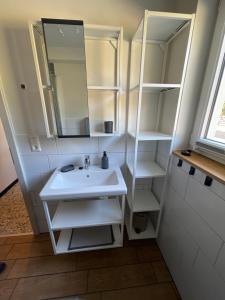 uma casa de banho com lavatório, espelho e prateleiras em s`Lähmes auf der Schwend em Kappelrodeck