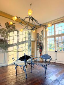 a living room with two chairs and a chandelier at Château d'Aigneville in Aigneville