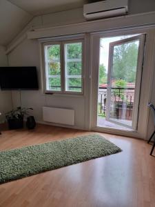 a living room with a large window and a rug at Villa Sammalpankko in Kuopio