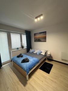 1 dormitorio con 1 cama grande con sábanas azules en Apartamenty Wypoczynkowa 3, en Rowy
