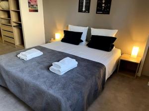 VentabrenにあるAr de Vie villa chaleureuse en Provenceのベッドルーム1室(大型ベッド1台、タオル付)