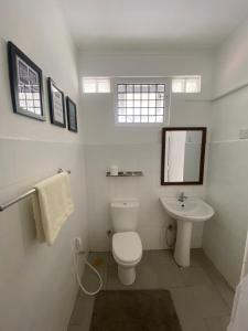 a white bathroom with a toilet and a sink at Misty Hills Villa - Kandy in Kandy