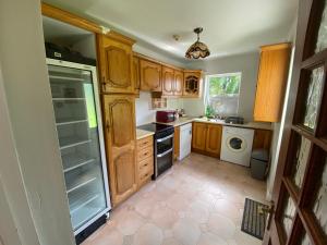 a kitchen with wooden cabinets and a refrigerator at Beautiful 2-Bed Apartment in Lisselton