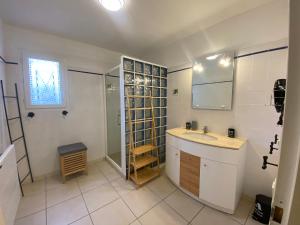 a bathroom with a sink and a shower and a mirror at Gîte Romarin avec SPA in Saint-Jean-de-Barrou +9 photos