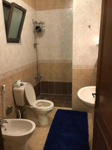 een badkamer met een toilet en een wastafel met een blauw tapijt bij 2 Bed Room Apparment in Amman - Der Ghbar in Amman