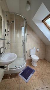 uma casa de banho com um chuveiro, um lavatório e um WC. em Kraken-pokoje gościnne em Krynica Morska