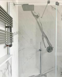 een douche met een glazen deur in de badkamer bij Penthouse F8 - Panoramic terrace, view Two Towers in Bologna