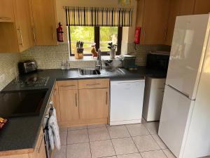 a kitchen with a white refrigerator and a sink at Colne Brook Barn in Alvington