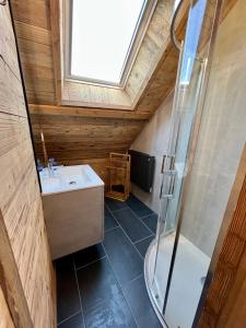 uma casa de banho com um lavatório e um chuveiro em Chalet Vieux Bois, au coeur du village des Rousses em Les Rousses
