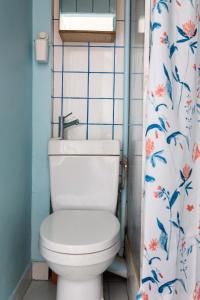 uma casa de banho com um WC e uma cortina de chuveiro em Le NID du STADE de FRANCE em Saint-Denis