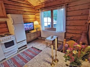 Una cocina con nevera y televisión en una habitación. en Unique farm stay in the steep mountains of Rjukan, en Vemork