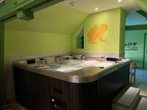 a hot tub in a room with a frog on the wall at La Varenne in Monthou-sur-Cher